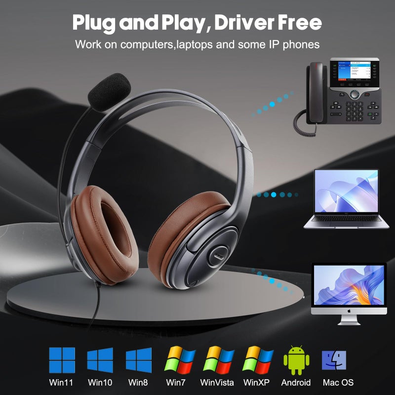 EMAIKER Noise Canceling USB Headphones with Microphone & in-Line Controls for Dragon Dictation, Over Ear PC Headphones for Office Work from Home Skype Teams Zoom Meeting WebEx Softphone - Image 2